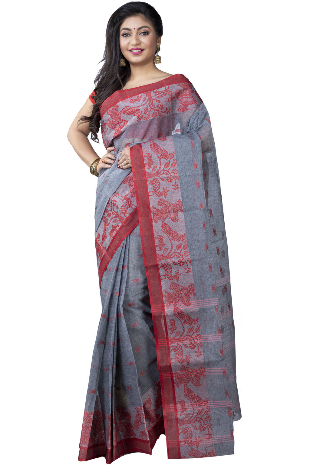 Grey Pure Cotton ParSakuntala Tant Saree (532)
